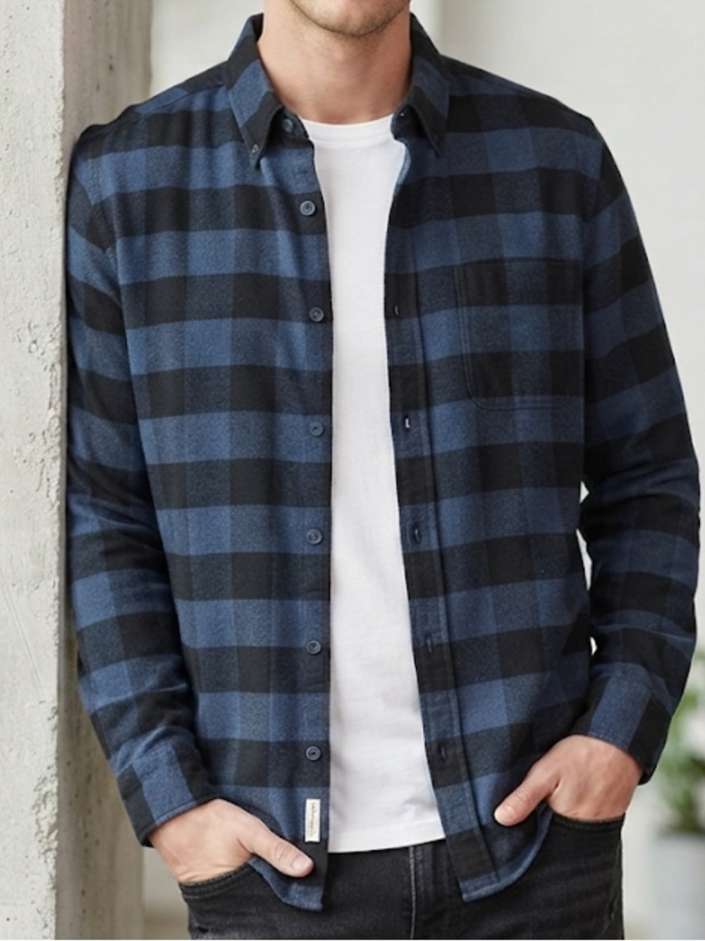 Weatherproof Vintage Blue Black Buffalo Check Flannel Shirt, Size L